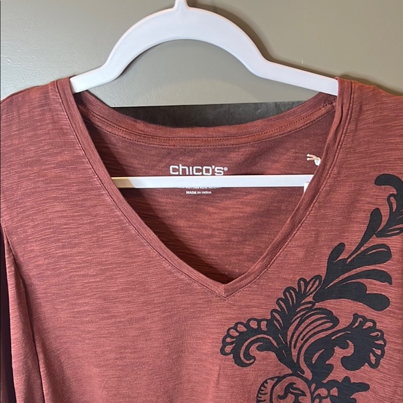 Chico's Cotton Slub Basic Rust Knit V neckline Graphic Blouse size XL /3 - Picture 5 of 11
